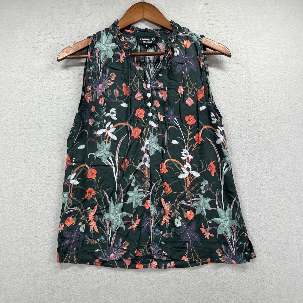 Feathers by Tolani Top Womens S Black Floral Sleeveless Modal V-Neck Boho Garden